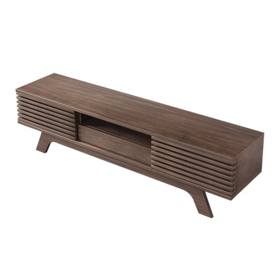 Meuble TV Bois Naturel Style Vintage avec Portes à Lattes, Tiroir et Rangement Ouvert (150x35x44cm) MUQAK