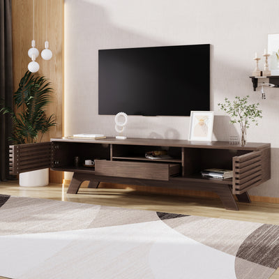 Meuble TV Bois Naturel Style Vintage avec Portes à Lattes, Tiroir et Rangement Ouvert (150x35x44cm) MUQAK