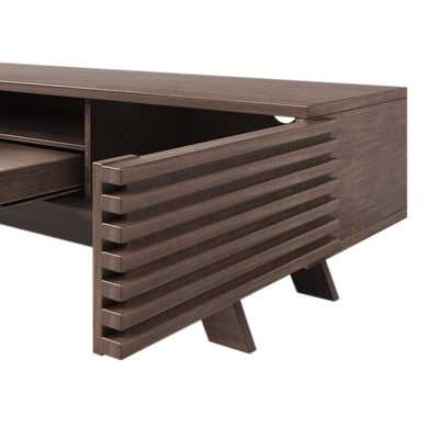 Meuble TV Bois Naturel Style Vintage avec Portes à Lattes, Tiroir et Rangement Ouvert (150x35x44cm) MUQAK