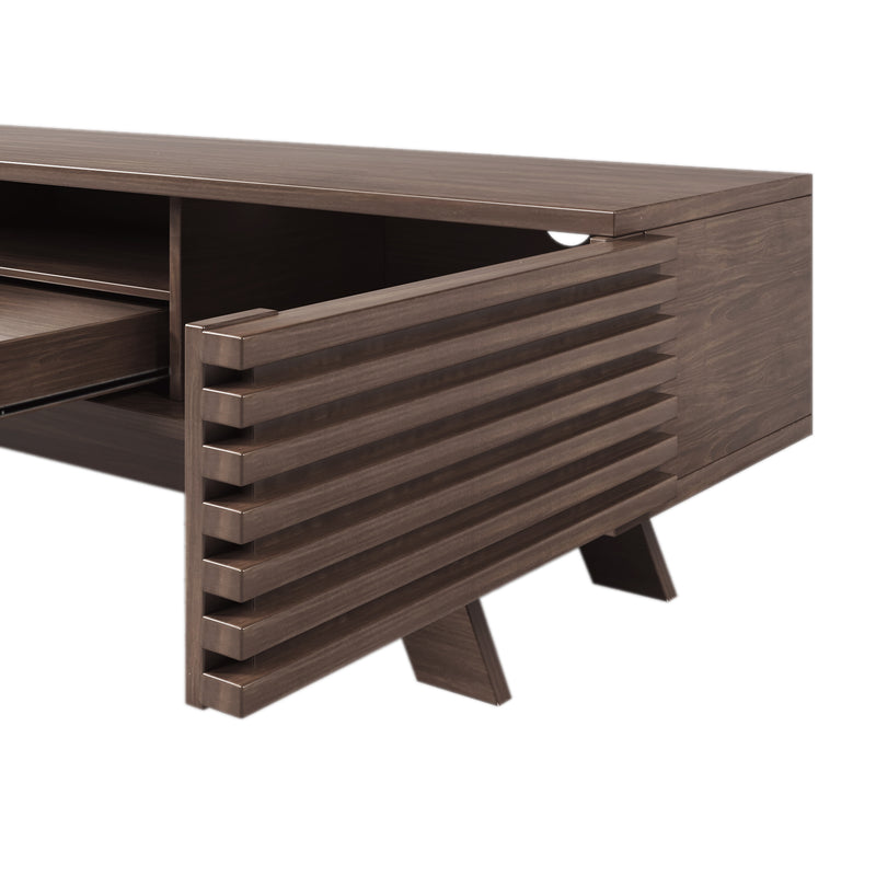 Meuble TV Bois Naturel Style Vintage avec Portes à Lattes, Tiroir et Rangement Ouvert (150x35x44cm) MUQAK