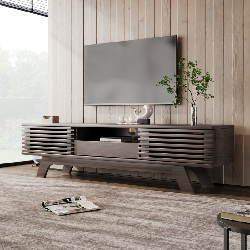 Meuble TV Bois Naturel Style Vintage avec Portes à Lattes, Tiroir et Rangement Ouvert (150x35x44cm) MUQAK