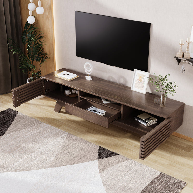 Meuble TV Bois Naturel Style Vintage avec Portes à Lattes, Tiroir et Rangement Ouvert (150x35x44cm) MUQAK