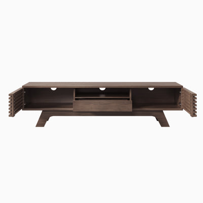 Meuble TV Bois Naturel Style Vintage avec Portes à Lattes, Tiroir et Rangement Ouvert (150x35x44cm) MUQAK