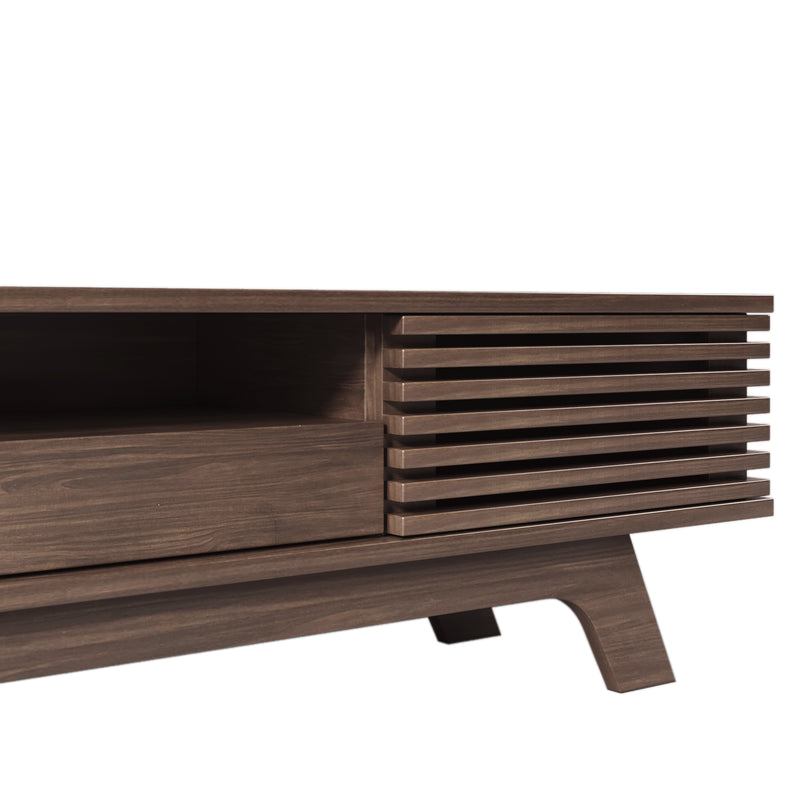 Meuble TV Bois Naturel Style Vintage avec Portes à Lattes, Tiroir et Rangement Ouvert (150x35x44cm) MUQAK