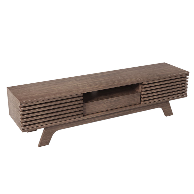 Meuble TV Bois Naturel Style Vintage avec Portes à Lattes, Tiroir et Rangement Ouvert (150x35x44cm) MUQAK