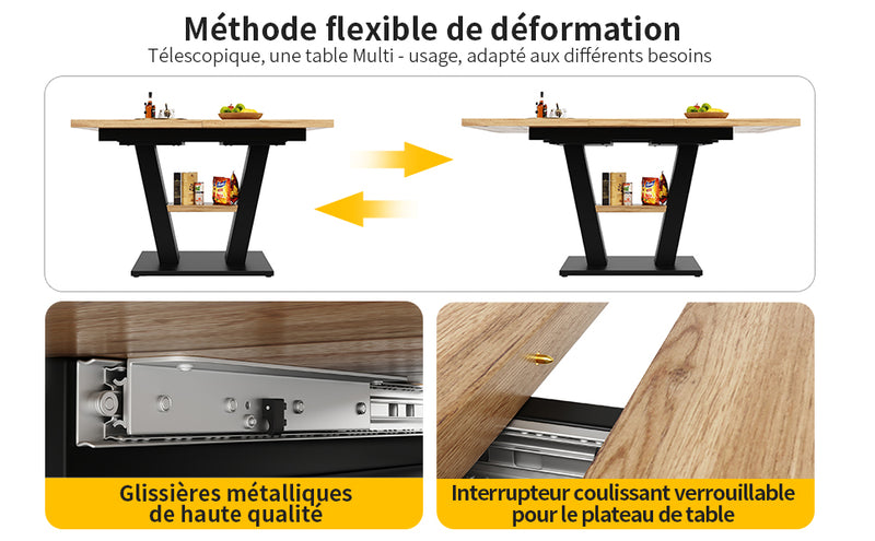Table de Salle à Manger Extensible en MDF Effet Bois et Métal Noir – Design Moderne (118-157cm) MURLID