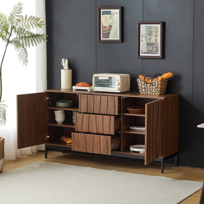 Buffet / Armoire de Rangement Mid-Century Moderne Effet Chêne Foncé avec 3 Tiroirs, Portes à Fentes et Pieds Métalliques Noirs (150x40x80cm) NAKIX