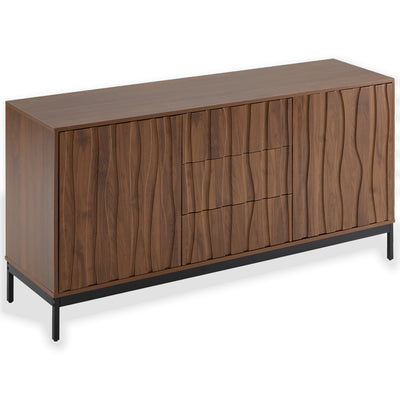 Buffet / Armoire de Rangement Mid-Century Moderne Effet Chêne Foncé avec 3 Tiroirs, Portes à Fentes et Pieds Métalliques Noirs (150x40x80cm) NAKIX
