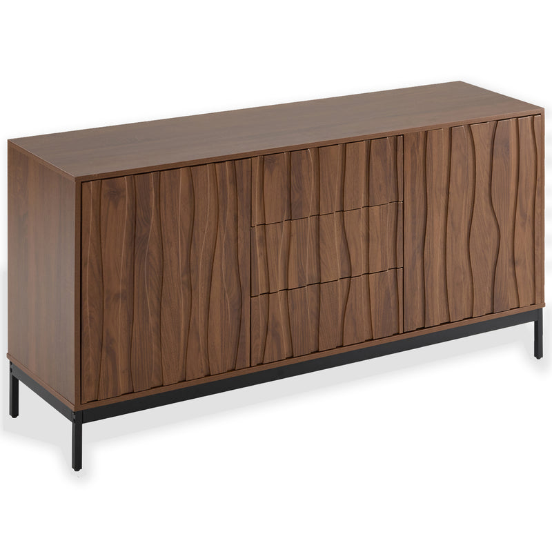 Buffet / Armoire de Rangement Mid-Century Moderne Effet Chêne Foncé avec 3 Tiroirs, Portes à Fentes et Pieds Métalliques Noirs (150x40x80cm) NAKIX