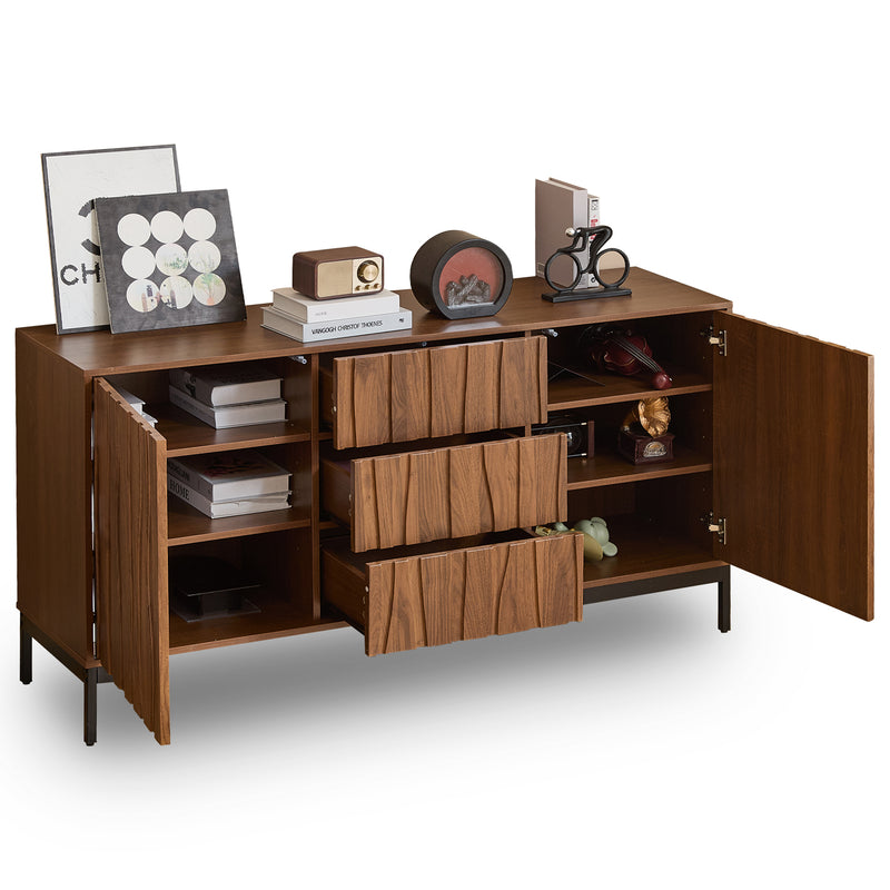 Buffet / Armoire de Rangement Mid-Century Moderne Effet Chêne Foncé avec 3 Tiroirs, Portes à Fentes et Pieds Métalliques Noirs (150x40x80cm) NAKIX