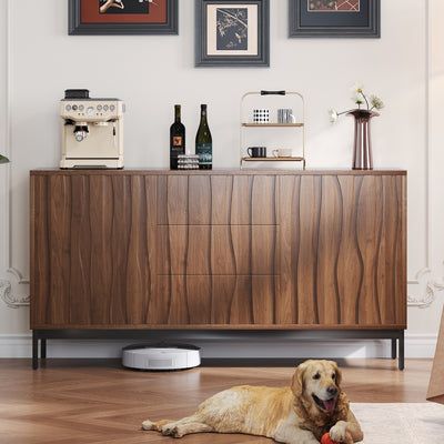 Buffet / Armoire de Rangement Mid-Century Moderne Effet Chêne Foncé avec 3 Tiroirs, Portes à Fentes et Pieds Métalliques Noirs (150x40x80cm) NAKIX