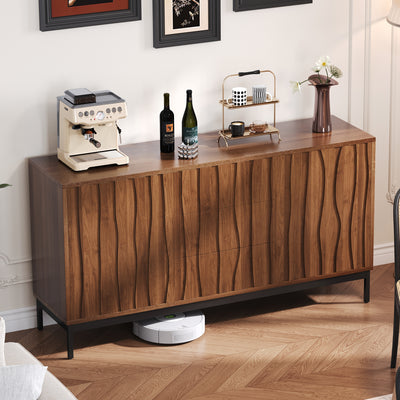 Buffet / Armoire de Rangement Mid-Century Moderne Effet Chêne Foncé avec 3 Tiroirs, Portes à Fentes et Pieds Métalliques Noirs (150x40x80cm) NAKIX