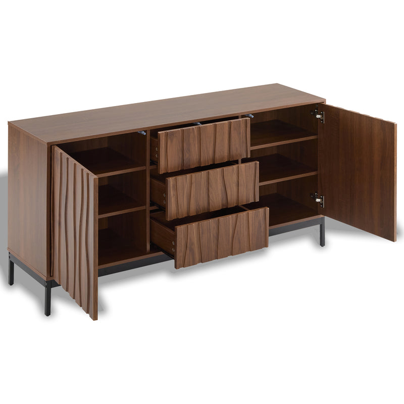 Buffet / Armoire de Rangement Mid-Century Moderne Effet Chêne Foncé avec 3 Tiroirs, Portes à Fentes et Pieds Métalliques Noirs (150x40x80cm) NAKIX