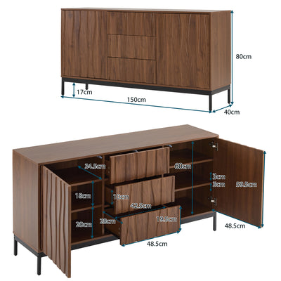 Buffet / Armoire de Rangement Mid-Century Moderne Effet Chêne Foncé avec 3 Tiroirs, Portes à Fentes et Pieds Métalliques Noirs (150x40x80cm) NAKIX