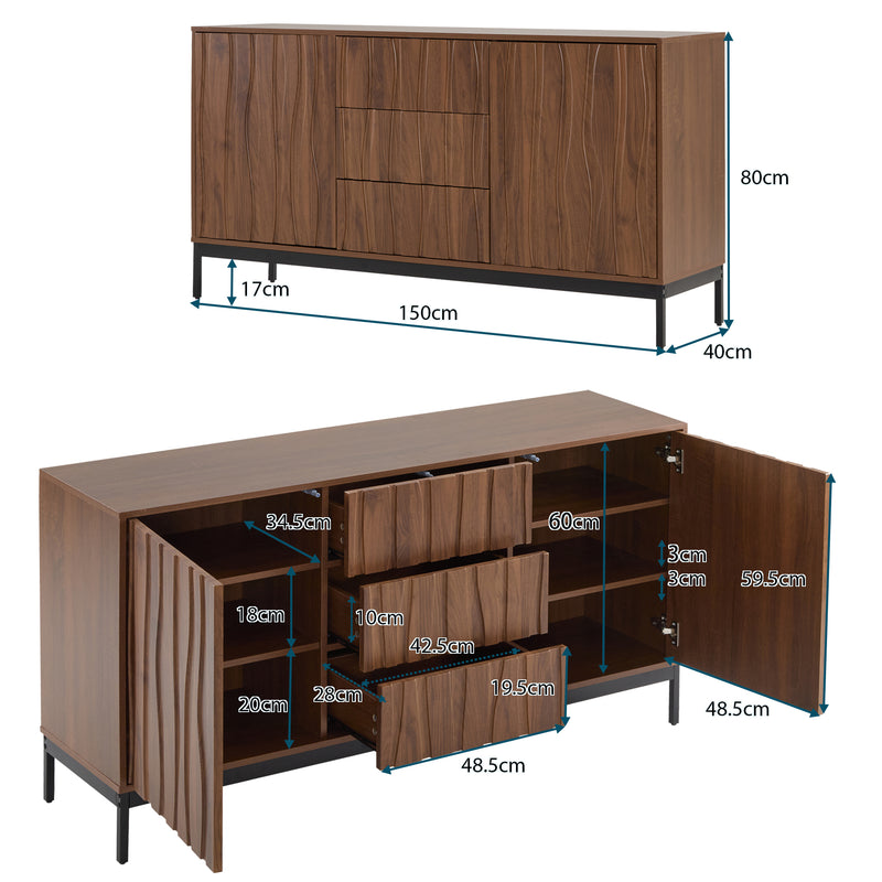Buffet / Armoire de Rangement Mid-Century Moderne Effet Chêne Foncé avec 3 Tiroirs, Portes à Fentes et Pieds Métalliques Noirs (150x40x80cm) NAKIX