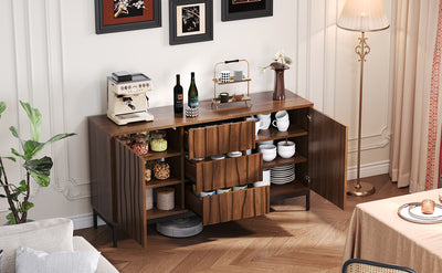 Buffet / Armoire de Rangement Mid-Century Moderne Effet Chêne Foncé avec 3 Tiroirs, Portes à Fentes et Pieds Métalliques Noirs (150x40x80cm) NAKIX