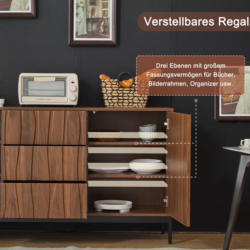 Buffet / Armoire de Rangement Mid-Century Moderne Effet Chêne Foncé avec 3 Tiroirs, Portes à Fentes et Pieds Métalliques Noirs (150x40x80cm) NAKIX