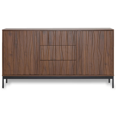 Buffet / Armoire de Rangement Mid-Century Moderne Effet Chêne Foncé avec 3 Tiroirs, Portes à Fentes et Pieds Métalliques Noirs (150x40x80cm) NAKIX