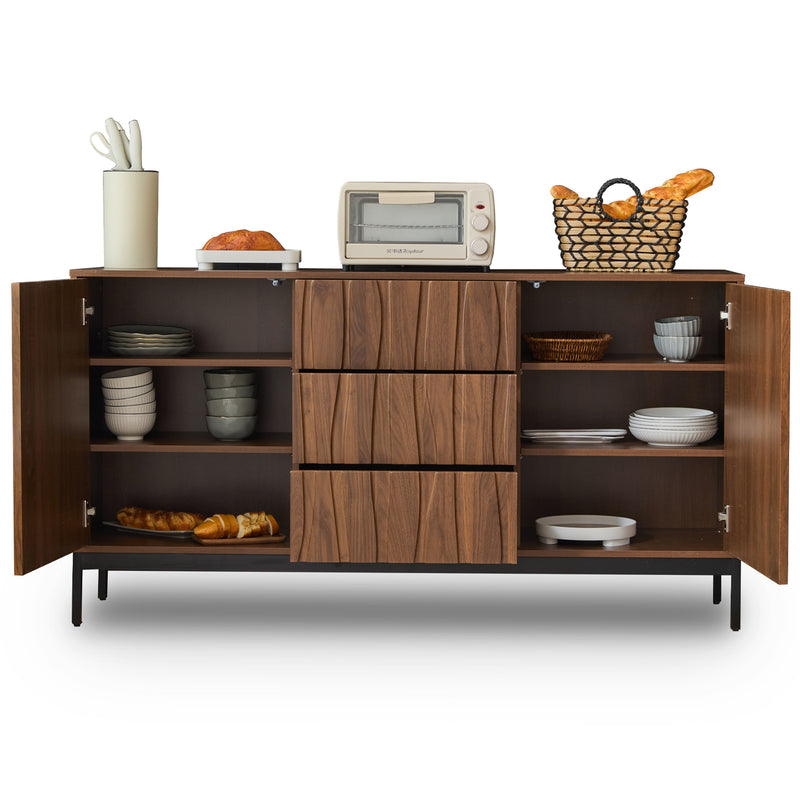 Buffet / Armoire de Rangement Mid-Century Moderne Effet Chêne Foncé avec 3 Tiroirs, Portes à Fentes et Pieds Métalliques Noirs (150x40x80cm) NAKIX
