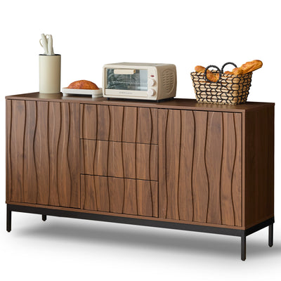 Buffet / Armoire de Rangement Mid-Century Moderne Effet Chêne Foncé avec 3 Tiroirs, Portes à Fentes et Pieds Métalliques Noirs (150x40x80cm) NAKIX