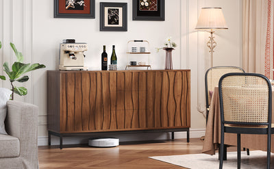 Buffet / Armoire de Rangement Mid-Century Moderne Effet Chêne Foncé avec 3 Tiroirs, Portes à Fentes et Pieds Métalliques Noirs (150x40x80cm) NAKIX