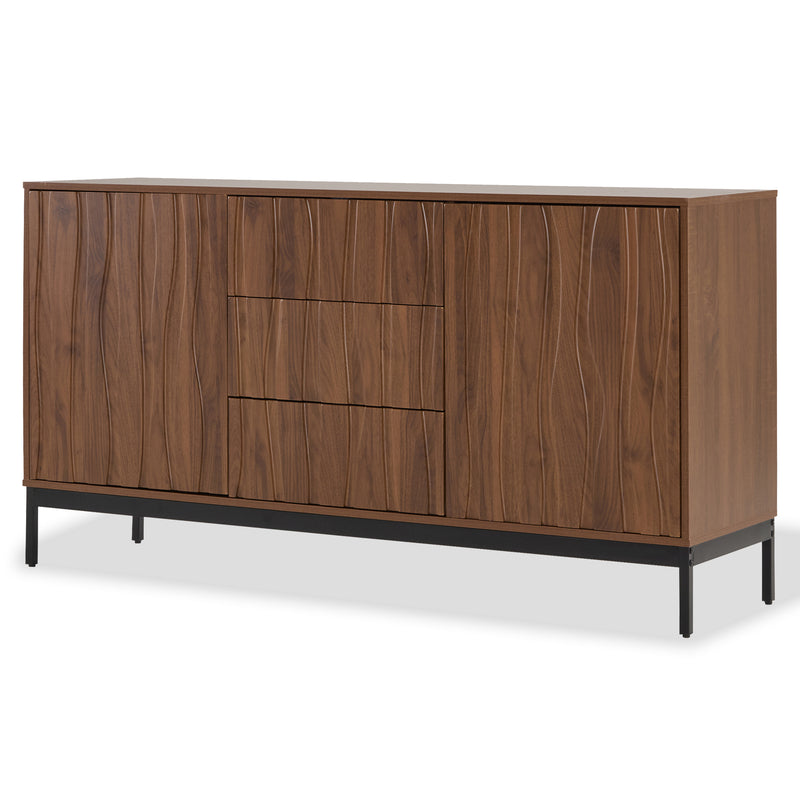 Buffet / Armoire de Rangement Mid-Century Moderne Effet Chêne Foncé avec 3 Tiroirs, Portes à Fentes et Pieds Métalliques Noirs (150x40x80cm) NAKIX