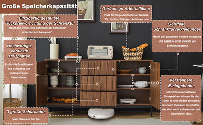 Buffet / Armoire de Rangement Mid-Century Moderne Effet Chêne Foncé avec 3 Tiroirs, Portes à Fentes et Pieds Métalliques Noirs (150x40x80cm) NAKIX
