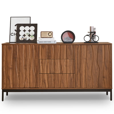 Buffet / Armoire de Rangement Mid-Century Moderne Effet Chêne Foncé avec 3 Tiroirs, Portes à Fentes et Pieds Métalliques Noirs (150x40x80cm) NAKIX
