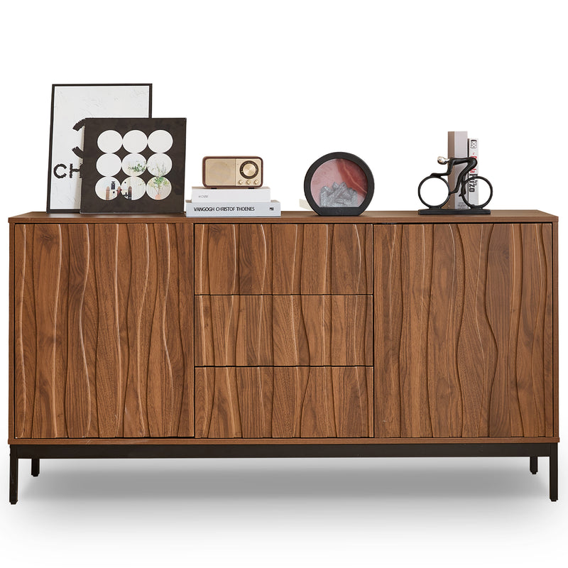 Buffet / Armoire de Rangement Mid-Century Moderne Effet Chêne Foncé avec 3 Tiroirs, Portes à Fentes et Pieds Métalliques Noirs (150x40x80cm) NAKIX