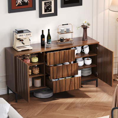 Buffet / Armoire de Rangement Mid-Century Moderne Effet Chêne Foncé avec 3 Tiroirs, Portes à Fentes et Pieds Métalliques Noirs (150x40x80cm) NAKIX