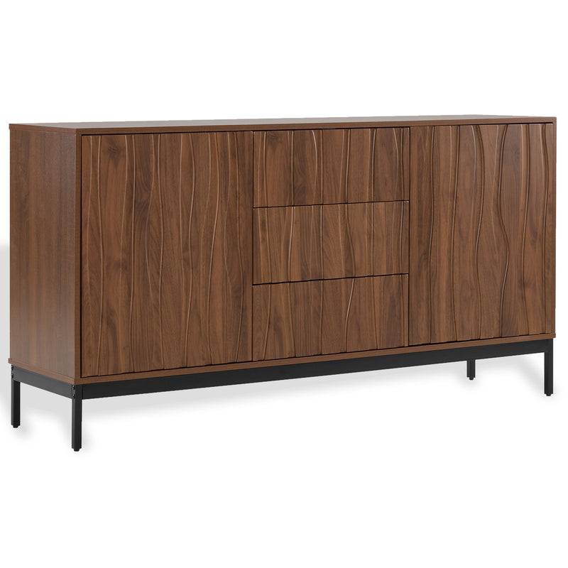 Buffet / Armoire de Rangement Mid-Century Moderne Effet Chêne Foncé avec 3 Tiroirs, Portes à Fentes et Pieds Métalliques Noirs (150x40x80cm) NAKIX