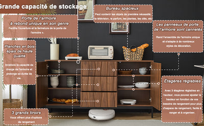Buffet / Armoire de Rangement Mid-Century Moderne Effet Chêne Foncé avec 3 Tiroirs, Portes à Fentes et Pieds Métalliques Noirs (150x40x80cm) NAKIX