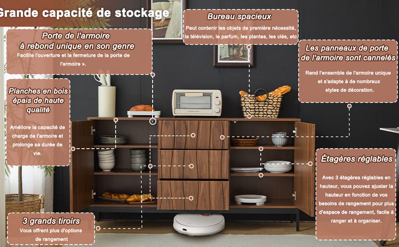 Buffet / Armoire de Rangement Mid-Century Moderne Effet Chêne Foncé avec 3 Tiroirs, Portes à Fentes et Pieds Métalliques Noirs (150x40x80cm) NAKIX