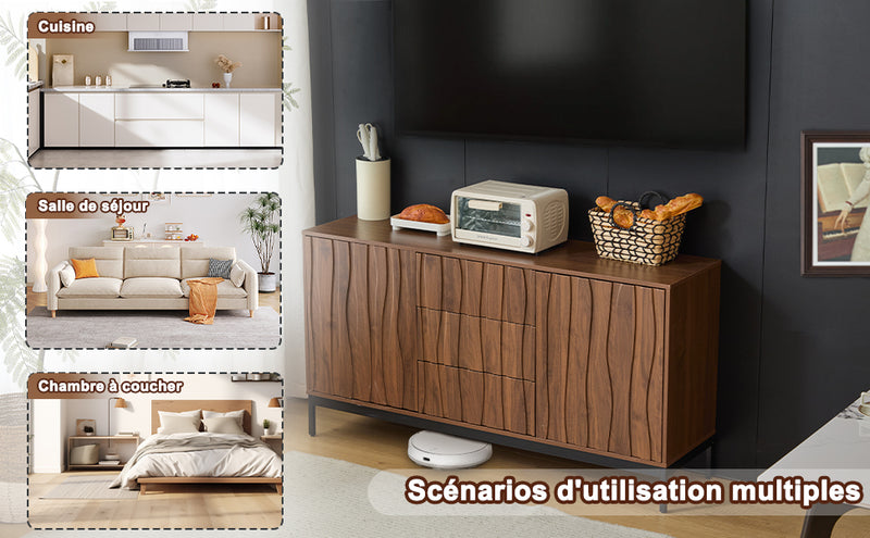 Buffet / Armoire de Rangement Mid-Century Moderne Effet Chêne Foncé avec 3 Tiroirs, Portes à Fentes et Pieds Métalliques Noirs (150x40x80cm) NAKIX