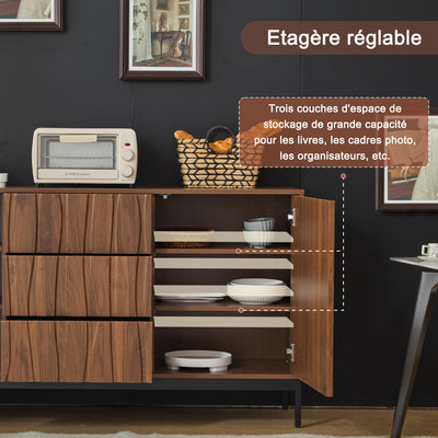 Buffet / Armoire de Rangement Mid-Century Moderne Effet Chêne Foncé avec 3 Tiroirs, Portes à Fentes et Pieds Métalliques Noirs (150x40x80cm) NAKIX