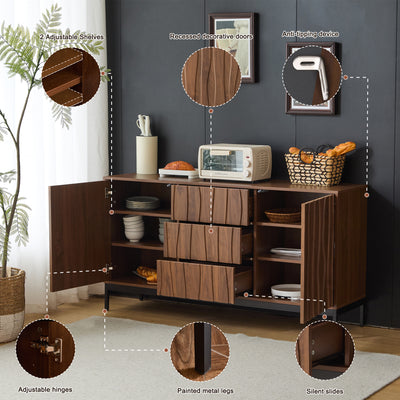Buffet / Armoire de Rangement Mid-Century Moderne Effet Chêne Foncé avec 3 Tiroirs, Portes à Fentes et Pieds Métalliques Noirs (150x40x80cm) NAKIX