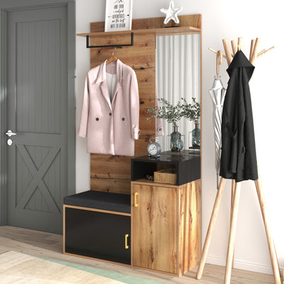 Ensemble Meuble d'Entrée et Vestiaire Élégant Noir et Couleur Bois avec Banc à Chaussures, Miroir et Rangement Intégré (105x40x191.5cm) NAKS