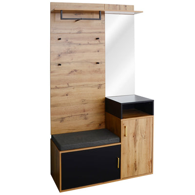 Ensemble Meuble d'Entrée et Vestiaire Élégant Noir et Couleur Bois avec Banc à Chaussures, Miroir et Rangement Intégré (105x40x191.5cm) NAKS