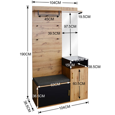 Ensemble Meuble d'Entrée et Vestiaire Élégant Noir et Couleur Bois avec Banc à Chaussures, Miroir et Rangement Intégré (105x40x191.5cm) NAKS