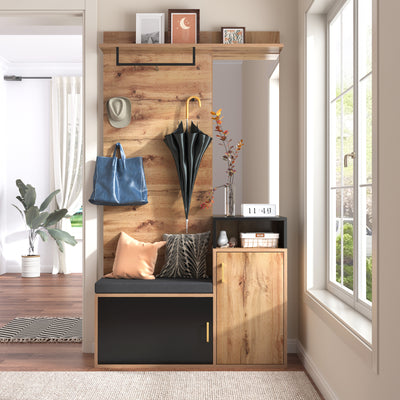 Ensemble Meuble d'Entrée et Vestiaire Élégant Noir et Couleur Bois avec Banc à Chaussures, Miroir et Rangement Intégré (105x40x191.5cm) NAKS