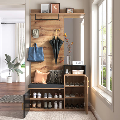 Ensemble Meuble d'Entrée et Vestiaire Élégant Noir et Couleur Bois avec Banc à Chaussures, Miroir et Rangement Intégré (105x40x191.5cm) NAKS