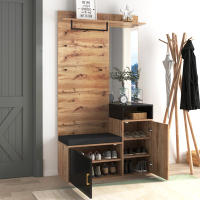 Ensemble Meuble d'Entrée et Vestiaire Élégant Noir et Couleur Bois avec Banc à Chaussures, Miroir et Rangement Intégré (105x40x191.5cm) NAKS