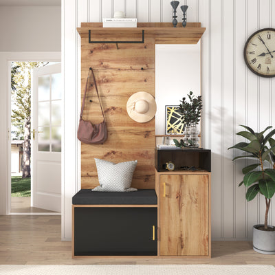Ensemble Meuble d'Entrée et Vestiaire Élégant Noir et Couleur Bois avec Banc à Chaussures, Miroir et Rangement Intégré (105x40x191.5cm) NAKS