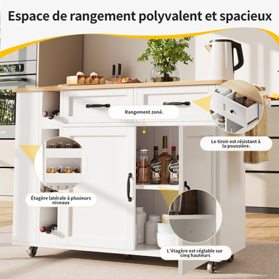 Îlot de Cuisine Mobile Blanc et Naturel avec Plateau Rabattable, Rangement et Prises Électriques NICELS