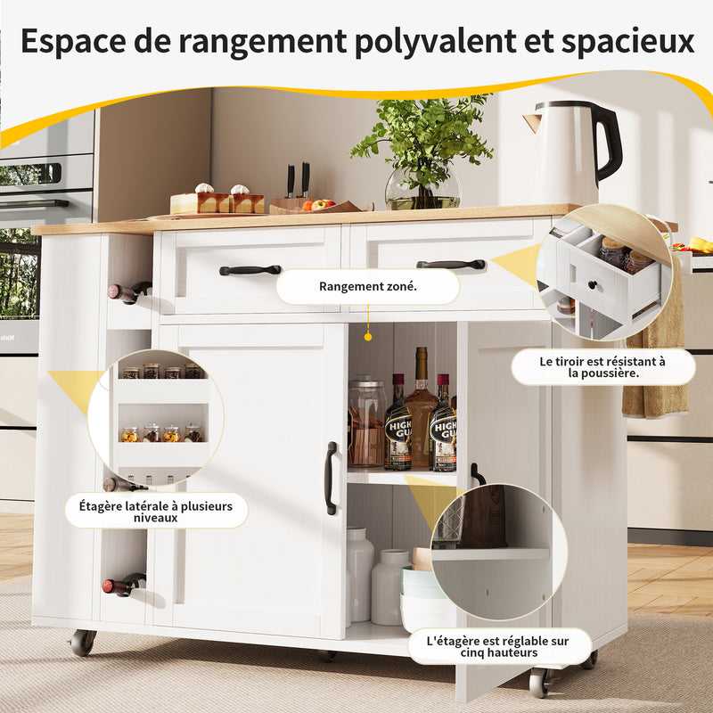 Îlot de Cuisine Mobile Blanc et Naturel avec Plateau Rabattable, Rangement et Prises Électriques NICELS