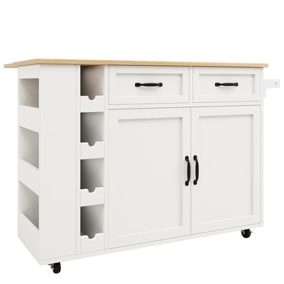 Îlot de Cuisine Mobile Blanc et Naturel avec Plateau Rabattable, Rangement et Prises Électriques NICELS