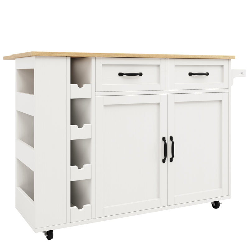 Îlot de Cuisine Mobile Blanc et Naturel avec Plateau Rabattable, Rangement et Prises Électriques NICELS