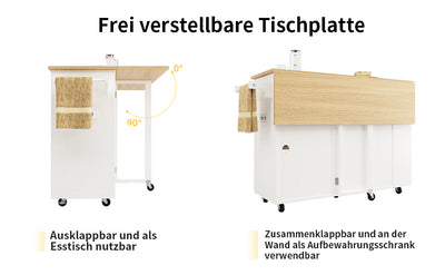 Îlot de Cuisine Mobile Blanc et Naturel avec Plateau Rabattable, Rangement et Prises Électriques NICELS