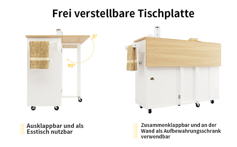 Îlot de Cuisine Mobile Blanc et Naturel avec Plateau Rabattable, Rangement et Prises Électriques NICELS