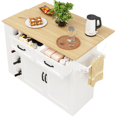 Îlot de Cuisine Mobile Blanc et Naturel avec Plateau Rabattable, Rangement et Prises Électriques NICELS